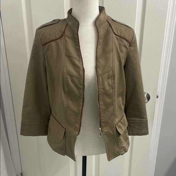 Olive Tan Military Style Shoulder Pad Zip Up Jacket Pockets Size 12 - Picture 2 of 15